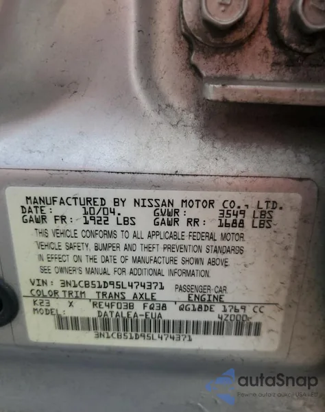 2005 Nissan Sentra 1.8 z USA, uszkodzony, nr VIN 3N1CB51D95L474371